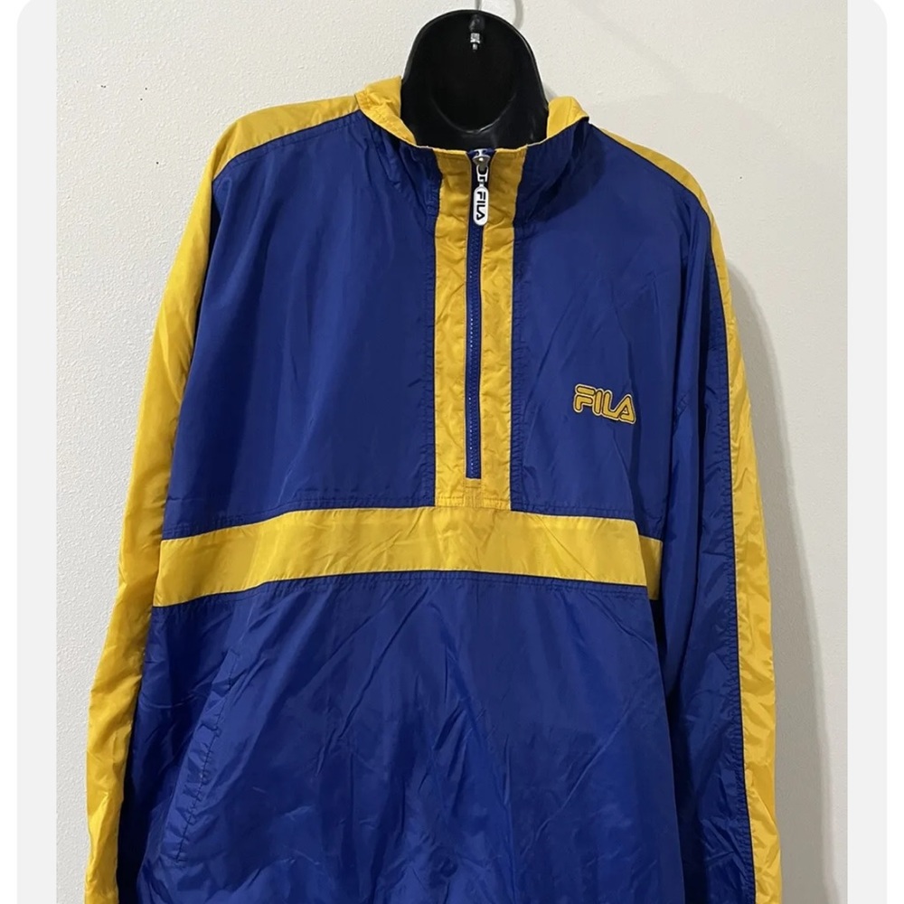 Vintage Fila Men's Striped Track Jacket XL Hooded Color Block Spell Out Blue 90s